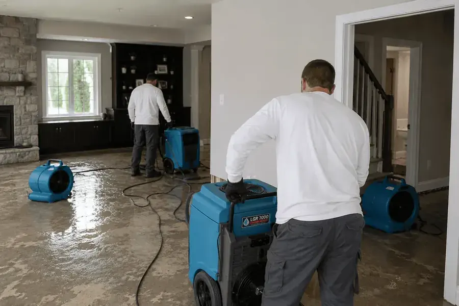 Air movers and a dehumidifier drying a water damaged Snellville basement
