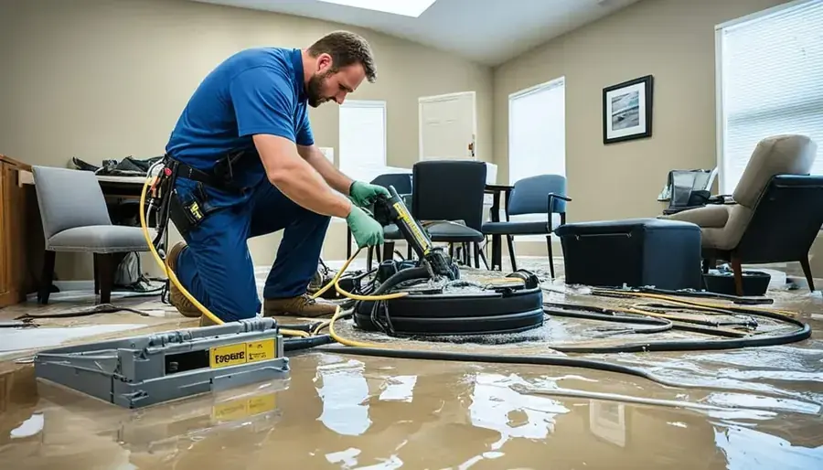 Crew extracting storm flood water from a flooded Snellville living room