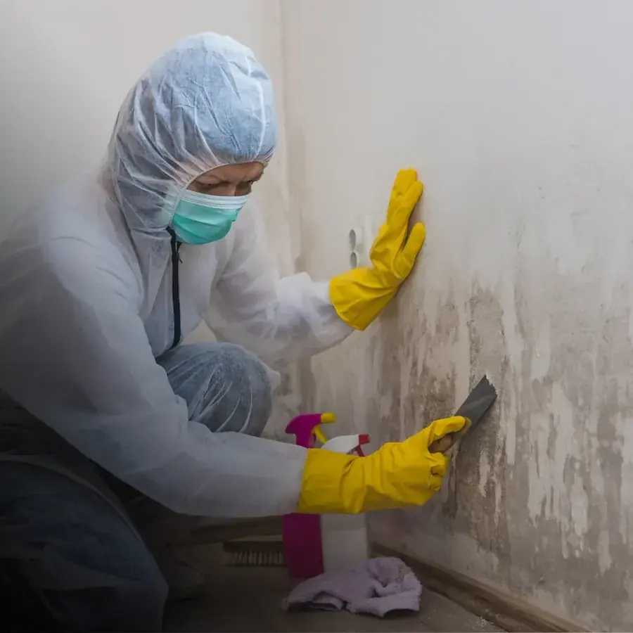 Technician in protective gear removing mold in a Snellville home