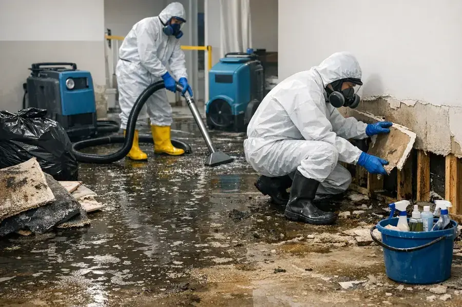 Crew cleaning a sewage backup in a Snellville basement